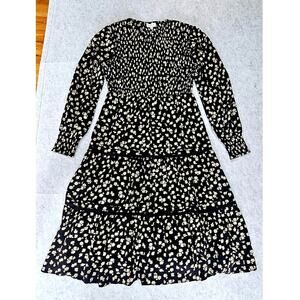 OHEV Black Floral Long Sleeve Smocked Tiered Maxi Dress Size L Boutique New